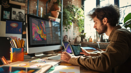 A painter stands back to ponder the progress of a vibrant abstract painting in a bright, art-filled studio. AIG41の素材