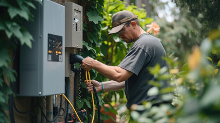 A technician in high-visibility clothing installs an electric vehicle charger, contributing to the infrastructure of sustainable transportation. AIG41の素材