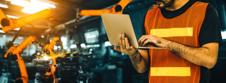 XAI Engineer use advanced robotic software to control industry robot arm in factory. Automation...