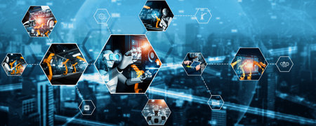 Automated AI industry robot and robotic arms assembly in factory production. Concept of artificial...