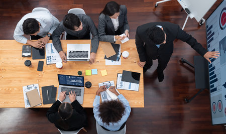 Top panorama view business presentation data analysis dashboard on TV screen in modern meeting....