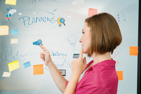 Portrait of young beautiful caucasian businesswoman thinking creative marketing strategy idea in...