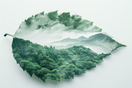 leaf double exposure with beautiful nature background showing concept of sustainability and environmental conservation. aigx04の素材