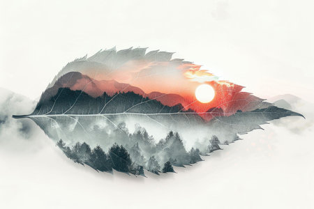 leaf double exposure with beautiful nature background showing concept of sustainability and environmental conservation. aigx04の素材