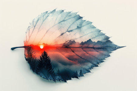 leaf double exposure with beautiful nature background showing concept of sustainability and environmental conservation. aigx04の素材
