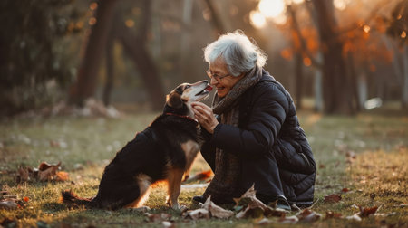 playful dog and its owner in nature outdoor , healthy lifestyle pragmaの素材