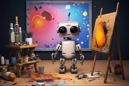Concept of generative AI art technology, robot painting picture in studio. comelinessの素材