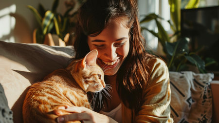 happy people at home with favorite pet , love and friendship of human and animal pragmaの素材