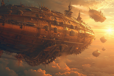 Fantasy steampunk airships float amongst clouds against a dramatic sunset backdrop, evoking adventure and exploration. Resplendent.の素材
