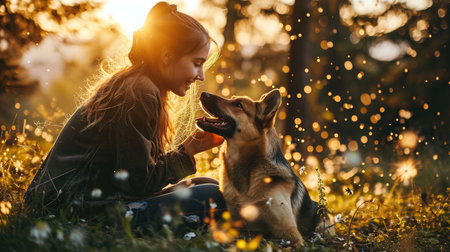 playful dog and its owner in nature outdoor , healthy lifestyle pragmaの素材