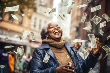 Happy person getting bonus money and banknotes flying in the air and get lucky rich and financial freedom comelinessの素材