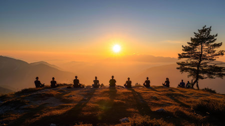 Group of people practicing yoga poses at sunrise on a mountain peak above the clouds, symbolizing peace and mindfulness. Resplendent.の素材