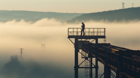 A construction worker stands on an elevated platform, overseeing a foggy industrial site, ensuring safety and project progress. AIG41の素材