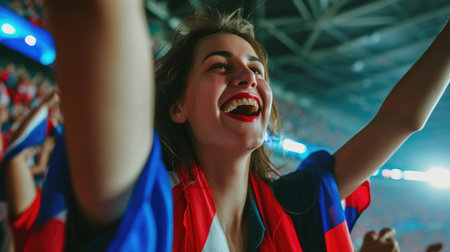 A happy fan is grinning and waving a flag in a stadium, expressing his joy and excitement. AIG41の素材