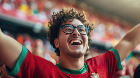 A fan wearing a hat joyfully shouts and waves the Portuguese flag in the stadium among the entertained crowd during the event. AIG41の素材