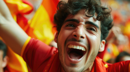 A happy man in a red shirt, with arms raised in the air, is celebrating, sporting a smile on his face. AIG41の素材