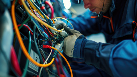 An engineer is using a drill to work on an electrical box, wearing electric blue workwear and safety gloves, handling wires and metal. AIG41の素材