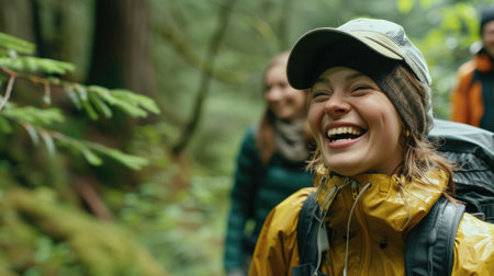 A joyful group of individuals wearing hats, hiking through the serene woods, smiling, and enjoying the natural landscape. AIG41の素材