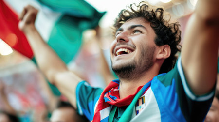 A happy fan at a public event in a stadium, holding an Italian flag with a smile and making a gesture, while enjoying the fun and leisure with a cheering crowd. AIG41の素材