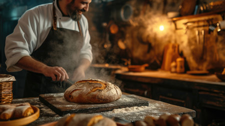 A man, wearing a hat, is preparing bread using ingredients in a bakery and cooking it with wood for a delicious dish. AIG41の素材