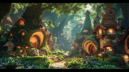 Nestled in an enchanted forest, this village boasts whimsical fairytale cottages surrounded by lush greenery and blooming flowers. Resplendent.の素材