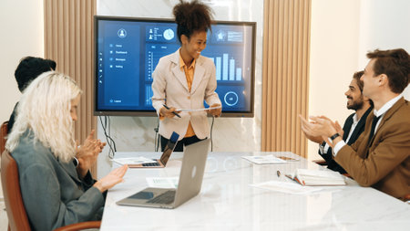 Presentation in office or ornament meeting room with analyst team utilize BI Fintech to analyze...