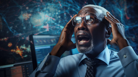 Business person overloaded by stress from business data and information that come from work, technology, social media and marketing business strategy received by a corporate employeeの素材