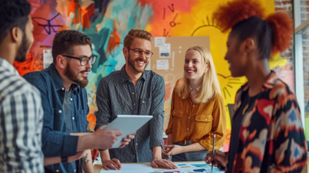 A cheerful group of young professionals uses tablets in front of a colorful mural, radiating creativity and collaboration. AIG41の素材