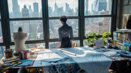 A focused fashion designer sketches new designs in a bright studio, surrounded by vibrant fabric samples and elegant mannequins. AIG41の素材