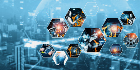 Automated AI industry robot and robotic arms assembly in factory production. Concept of artificial...