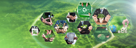 Green business ESG management tool to save world future concept model case idea to deal with bio carbon waste cycle data for better day of city life while building jobs, money, LCA tax and profit .の写真素材