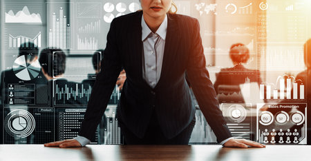 Big Data Technology for Business Finance Analytic Concept. Modern interface shows massive information of business sale report, profit chart and stock market trends analysis on screen monitor. udsの写真素材