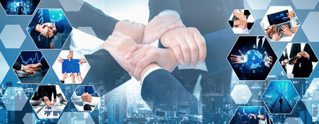 Teamwork and human resources HR management technology concept in corporate business with people...