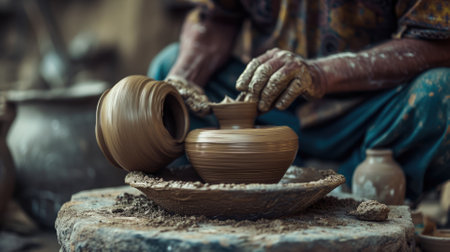 An experienced potter meticulously shapes wet clay on a spinning wheel in a rustic pottery workshop surrounded by his creations. Resplendent.の素材