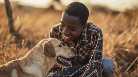 playful dog and its owner in nature outdoor , healthy lifestyle pragmaの素材
