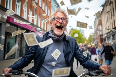 Happy person getting bonus money and banknotes flying in the air and get lucky rich and financial freedom comelinessの素材