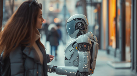 A woman and a robot are sitting at a table, sharing a leisurely conversation, while having fun at an art event. AIG41の素材