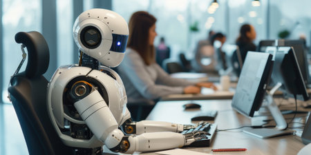A humanoid robot with advanced features is seated at a desk, engaging in tasks alongside human colleagues in a modern office setting. AIG41の素材