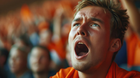 A joyful fan at a soccer event, happily shouting and gesturing with his arms in the air, showcasing his love for the game. AIG41の素材