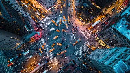 Overhead shot of a bustling city crosswalk with yellow taxis and pedestrians, capturing the vibrant urban life during rush hour. Resplendent.の素材