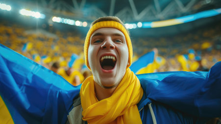 A happy fan in a yellow shirt is celebrating with a gesture, smiling and screaming in the air, enjoying the fun event surrounded by a lively crowd. AIG41の素材