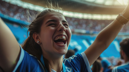 A young fan at a soccer championship raises his arms in excitement, adding to the energetic gestures of the crowd, creating a fun and happy atmosphere at the event. AIG41の素材