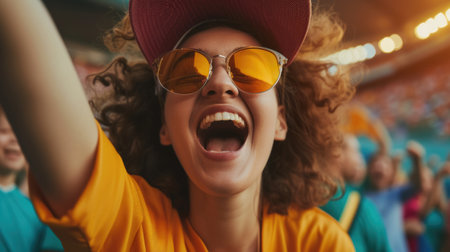 A fan is enthusiastically gesturing with her arms in the air, cheering in an electric blue hat at the entertaining competition event. AIG41の素材