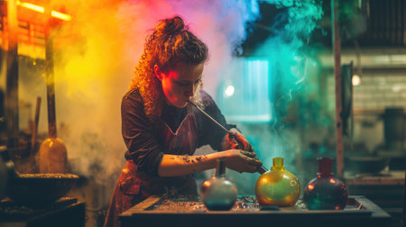 A man blowing glass near a fire, displaying his skill while heating the molten material. AIG41の素材