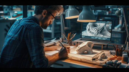 An industrial designer meticulously works on a prototype design in a workshop surrounded by various drafting tools and sketches. AIG41の素材