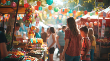 A crowd of people in jeans leisurely walks down a city street, enjoying the fun-filled carnival event happening along the road. AIG41の素材