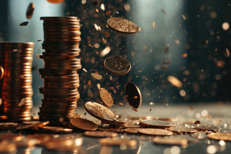 Economic downturn, debt crisis and market crash concept shown by shattering coins AIG41の素材