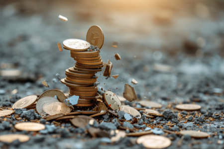 Economic downturn, debt crisis and market crash concept shown by shattering coins AIG41の素材