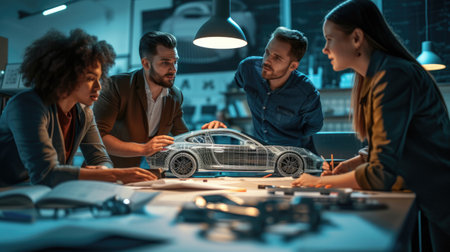 A group of people sharing a fun leisure event, sitting around a table, looking at a model car. AIG41の素材