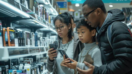 A family is exploring books at a library, having fun and browsing through various genres. They discuss different patterns, travel, and art concepts. AIG41の素材